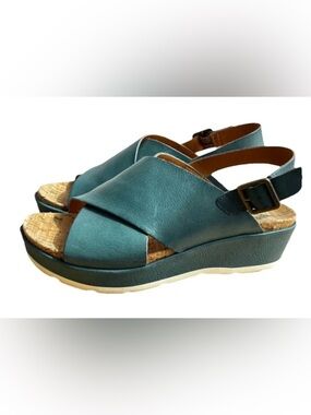 Kork-Ease Chloe Slingback Wedge Leather Sandals Women's Sz 9 Teal Green